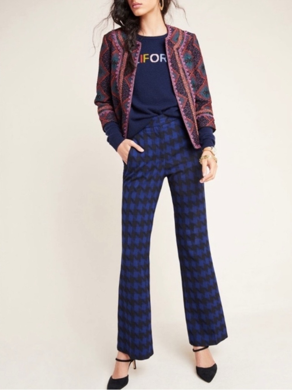 Anthropologie NWT Wiley High Rise Flare Trousers Houndstooth Plus Size Womens 14
